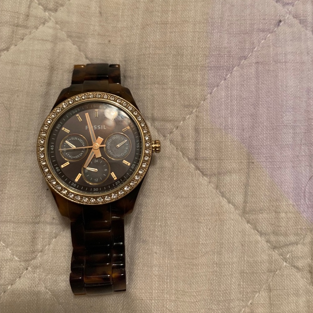 Tortoise Fossil Watch with diamonds around face